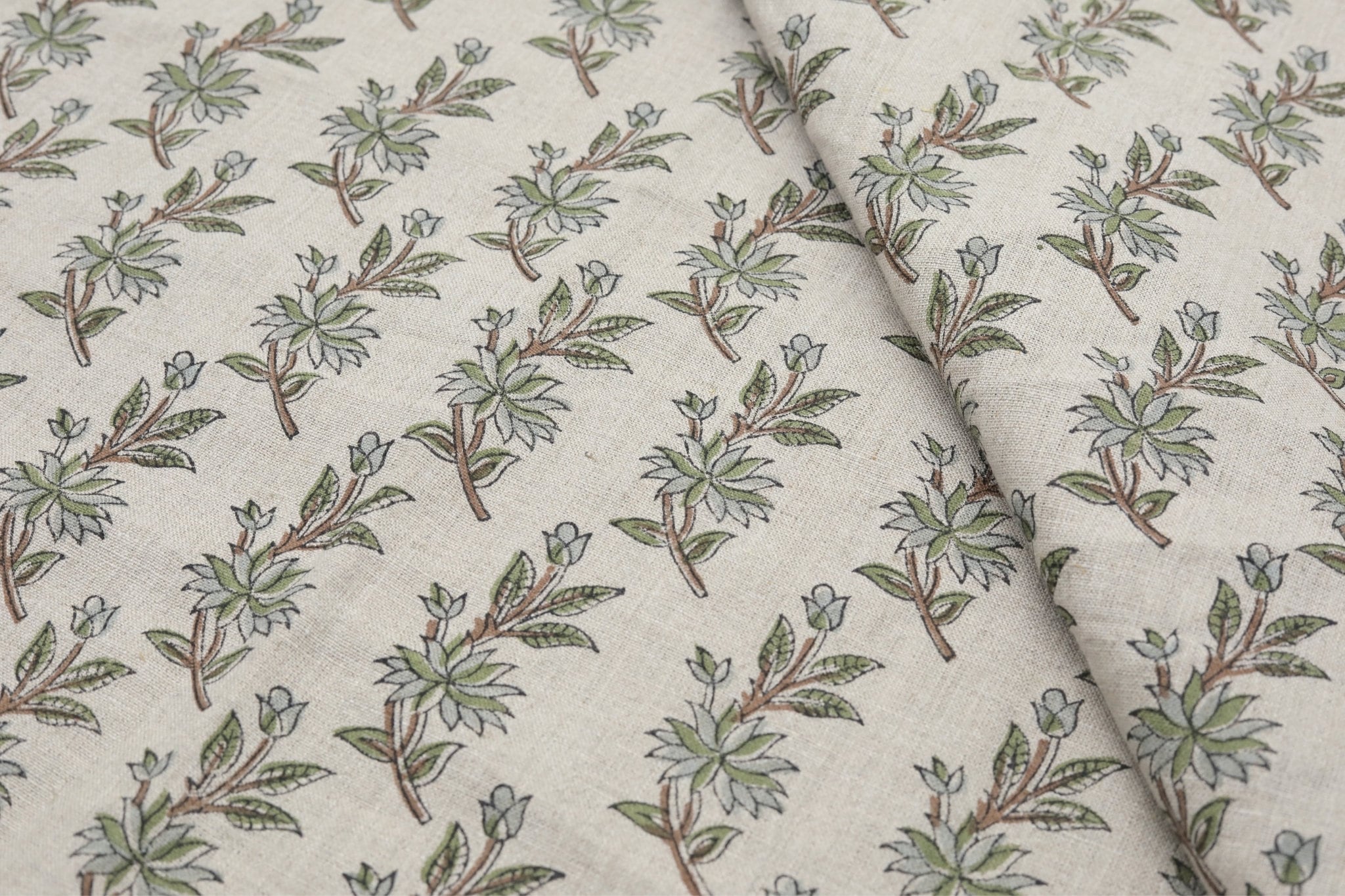 Linen block print fabric for window curtains and couch cover, pillow cover. lampshade, Indian handmade floral art - DEEPIKA