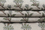 Linen block print fabric for window curtains and couch cover, pillow cover. lampshade, Indian handmade floral art - DEEPIKA