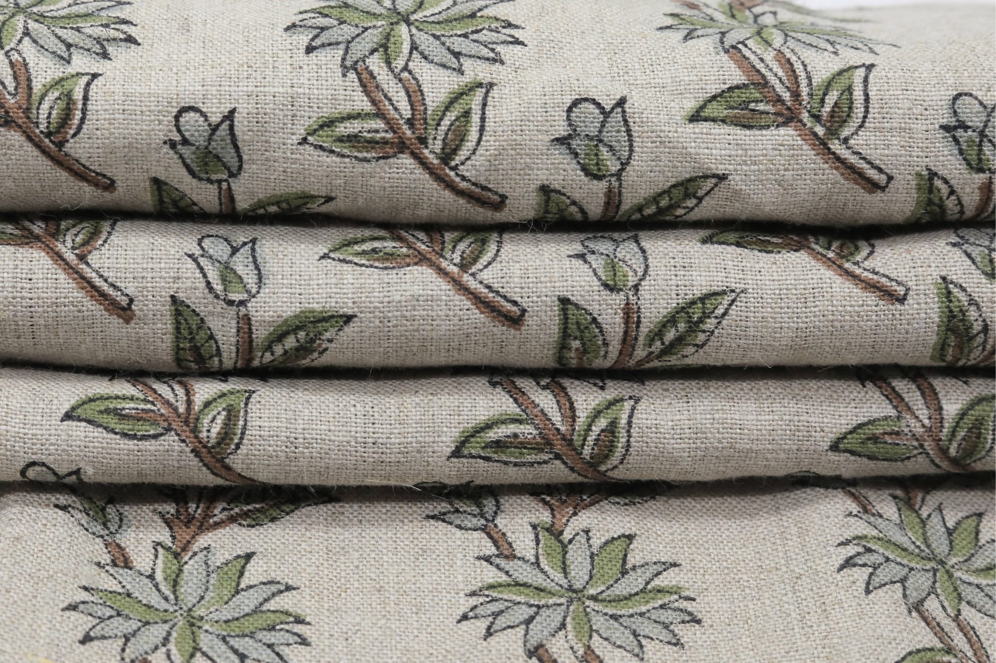 Linen block print fabric for window curtains and couch cover, pillow cover. lampshade, Indian handmade floral art - DEEPIKA