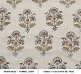 Rose block print pure linen fabric - TRAFFIC LIGHT