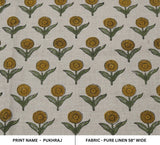 Handcrafted Throw Block Printed Custom Mustard & Green Pure Linen Fabric For Decor - PUKHRAJ