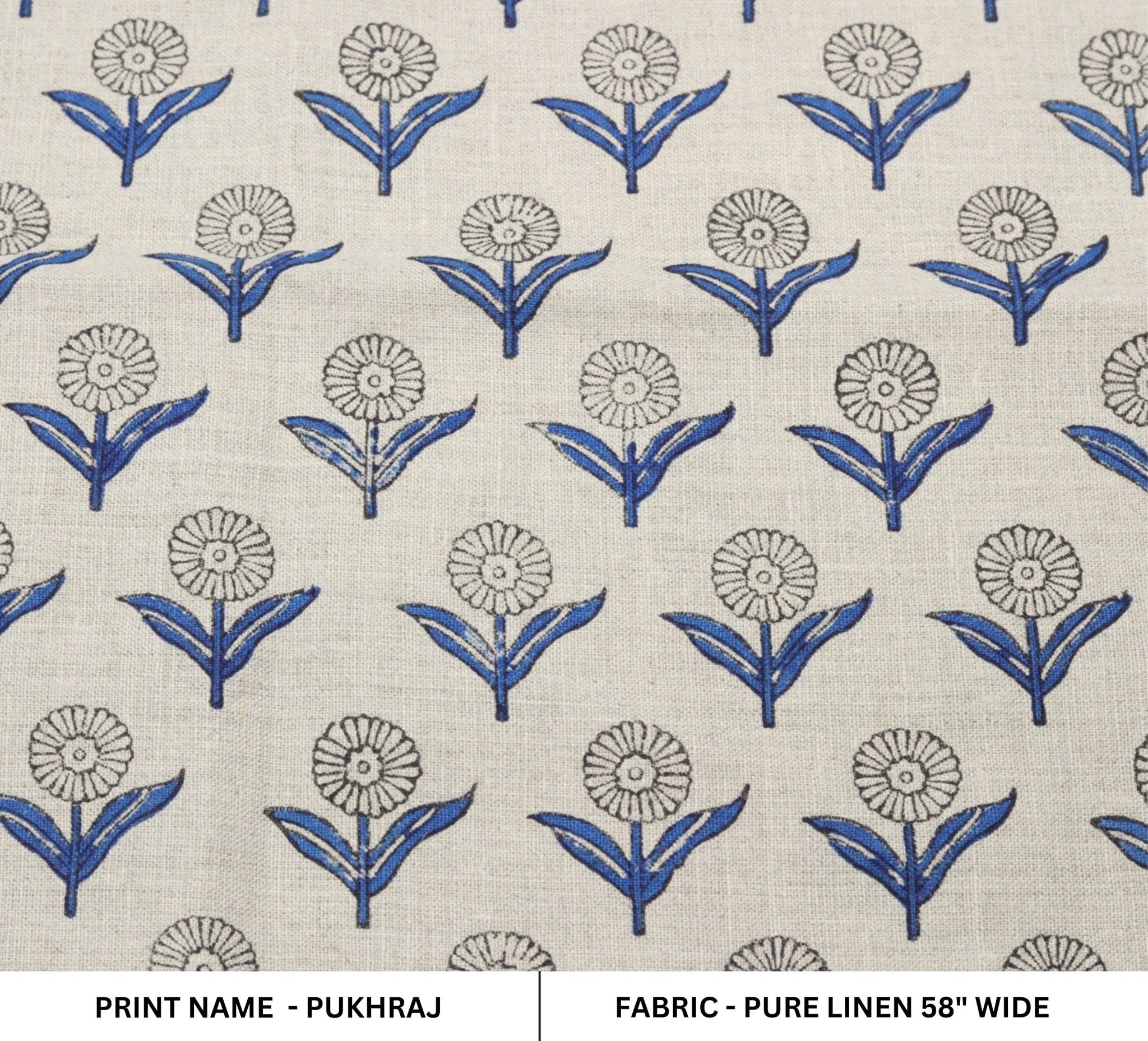 Floral block print linen cushion fabric, boho handmade art, decorative linen curtains and table napkins - PUKHRAJ
