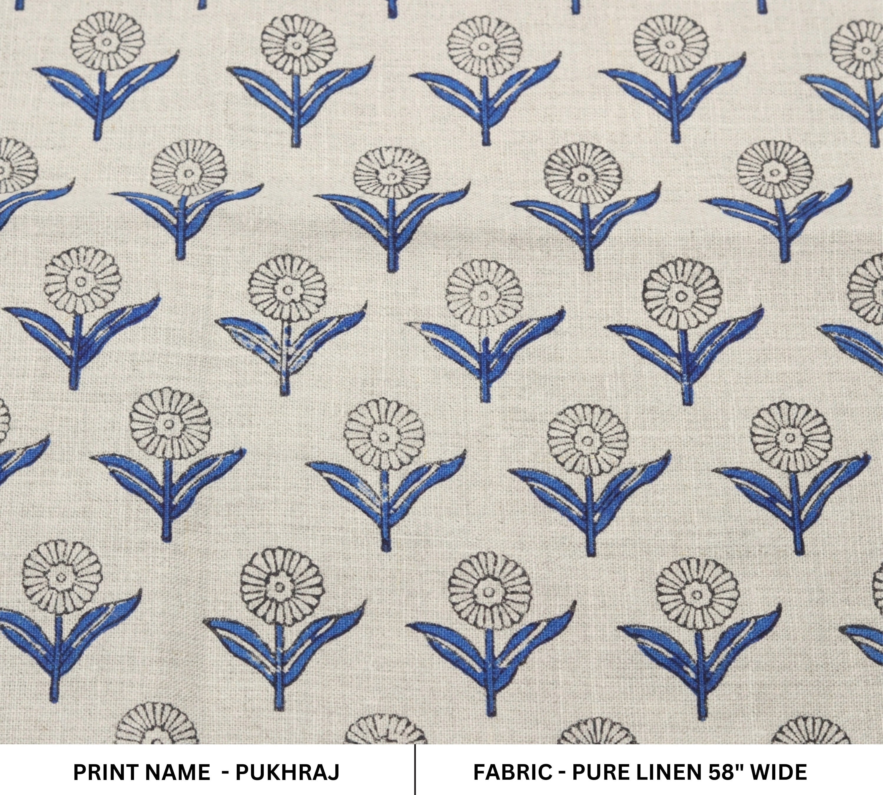 Floral block print linen cushion fabric, boho handmade art, decorative linen curtains and table napkins - PUKHRAJ