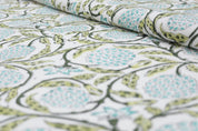 Floral block print green leaves thick cotton white fabric - MERAKI