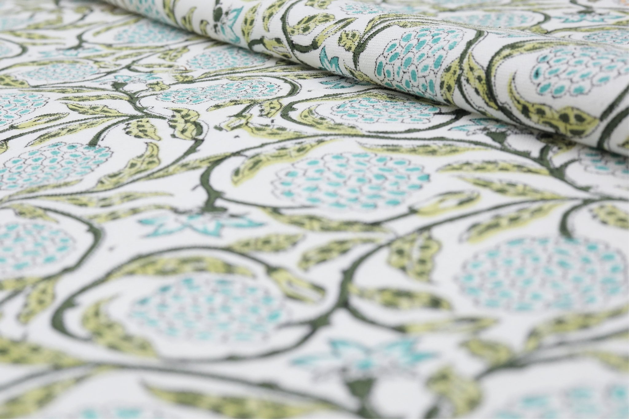 Floral block print green leaves thick cotton white fabric - MERAKI