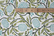 Floral block print green leaves thick cotton white fabric - MERAKI