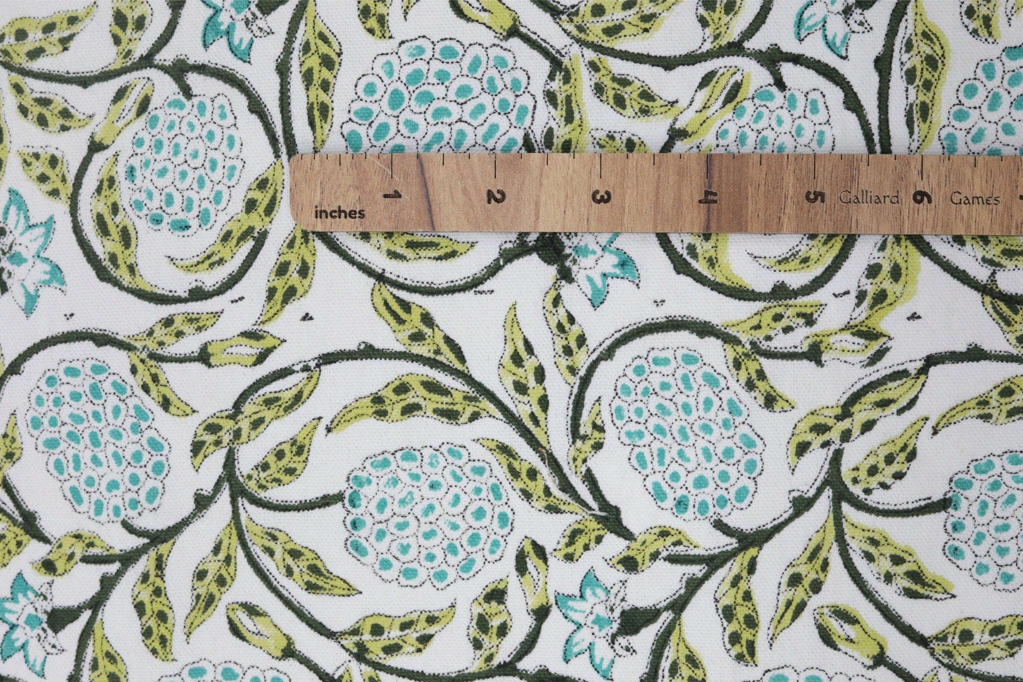 Floral block print green leaves thick cotton white fabric - MERAKI