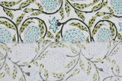 Floral block print green leaves thick cotton white fabric - MERAKI