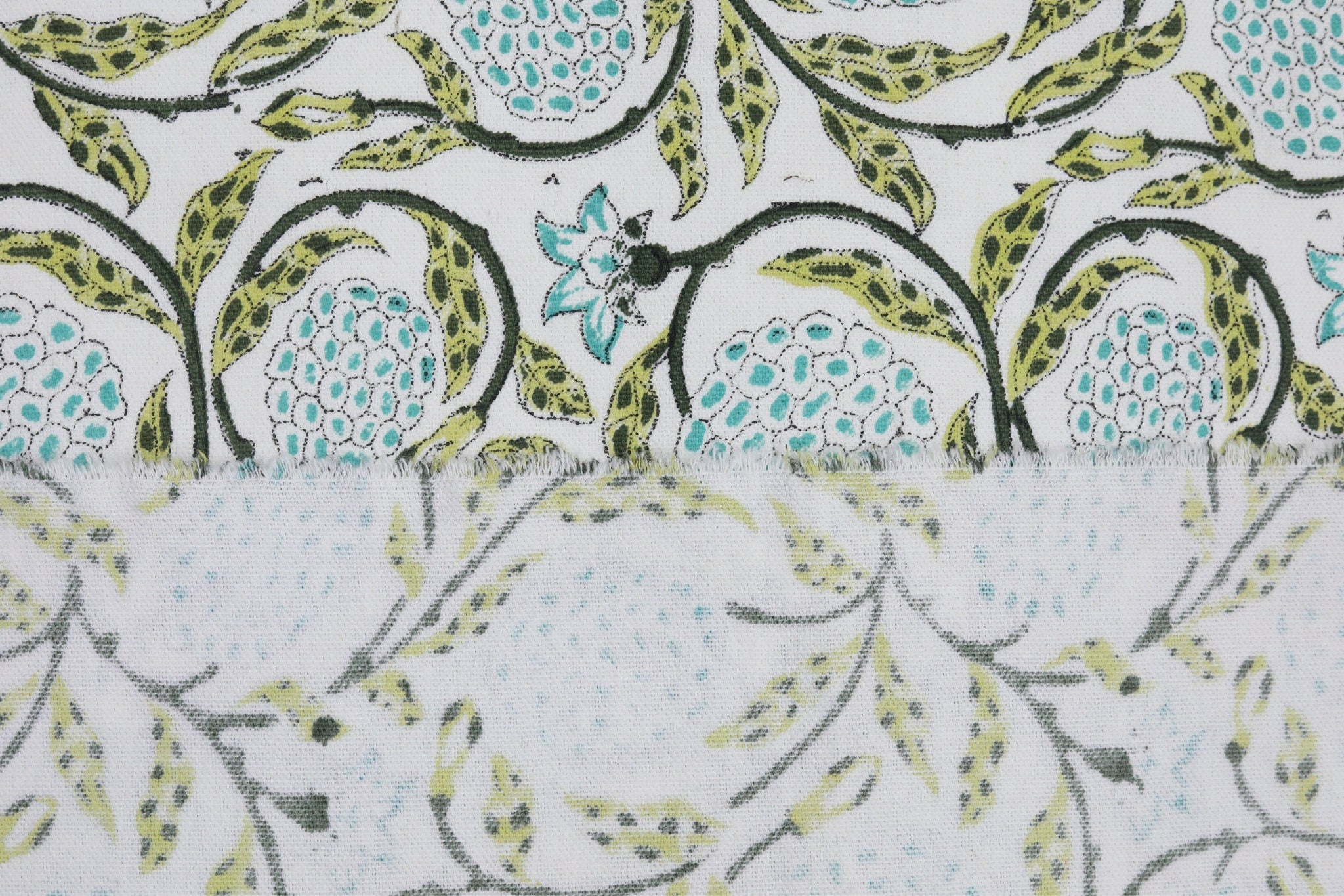 Floral block print green leaves thick cotton white fabric - MERAKI