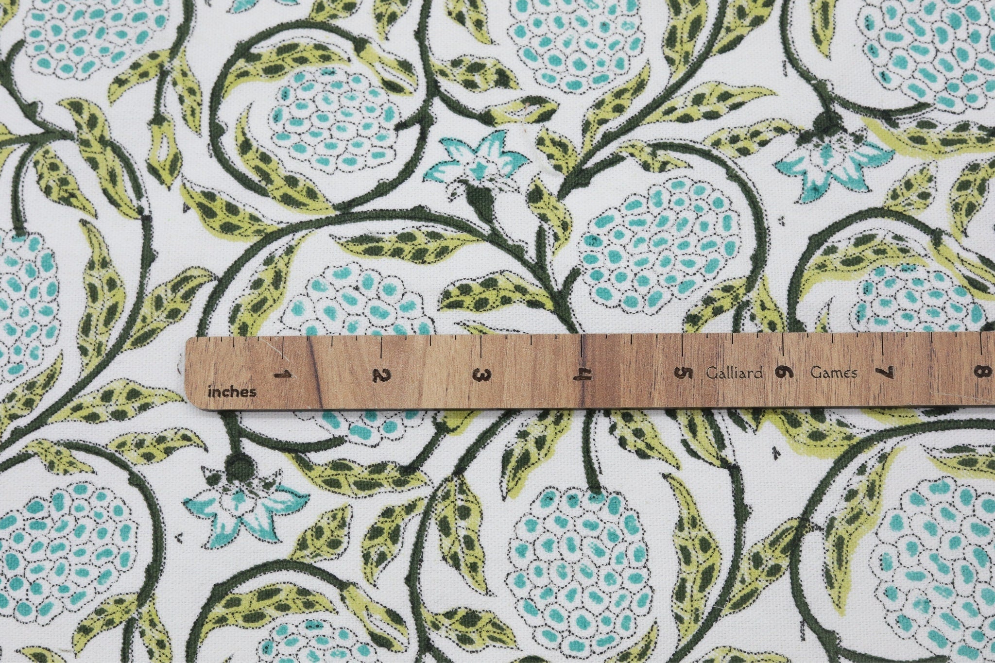 Floral block print green leaves thick cotton white fabric - MERAKI