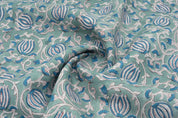 Blue lotus block print pure linen fabric - 6 KAMAL