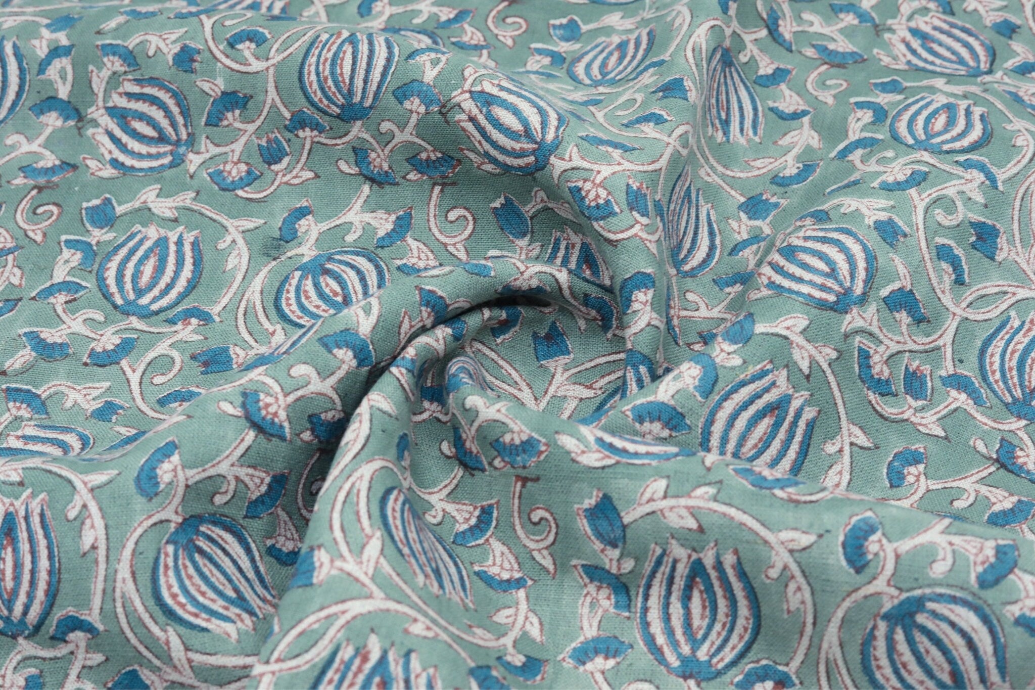 Blue lotus block print pure linen fabric - 6 KAMAL