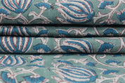 Blue lotus block print pure linen fabric - 6 KAMAL