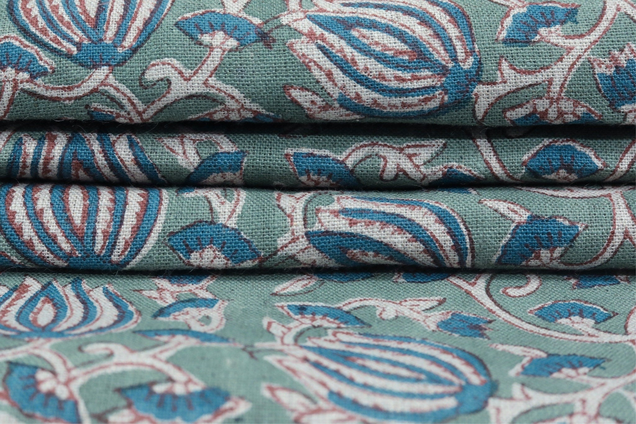 Blue lotus block print pure linen fabric - 6 KAMAL