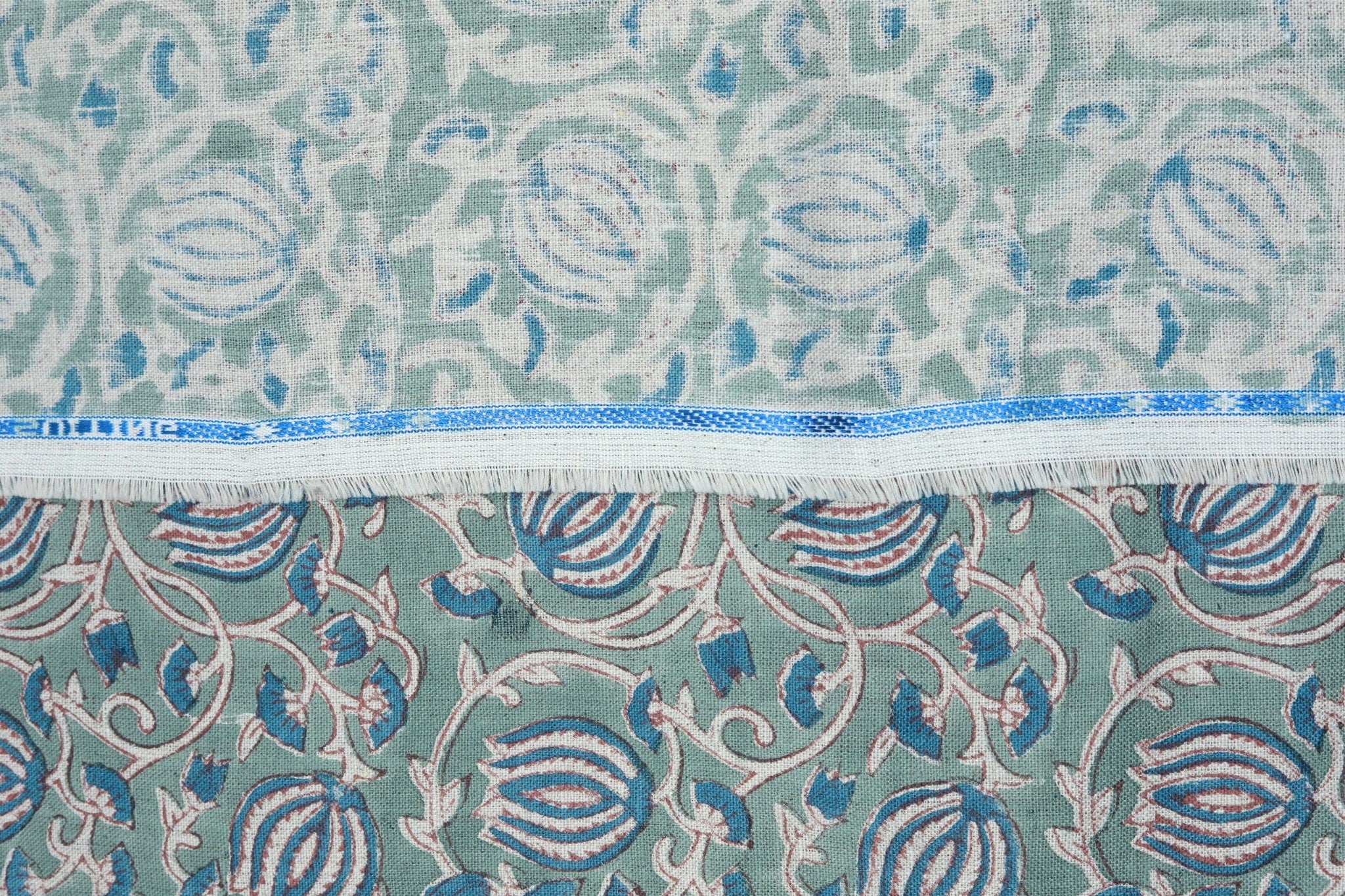 Blue lotus block print pure linen fabric - 6 KAMAL