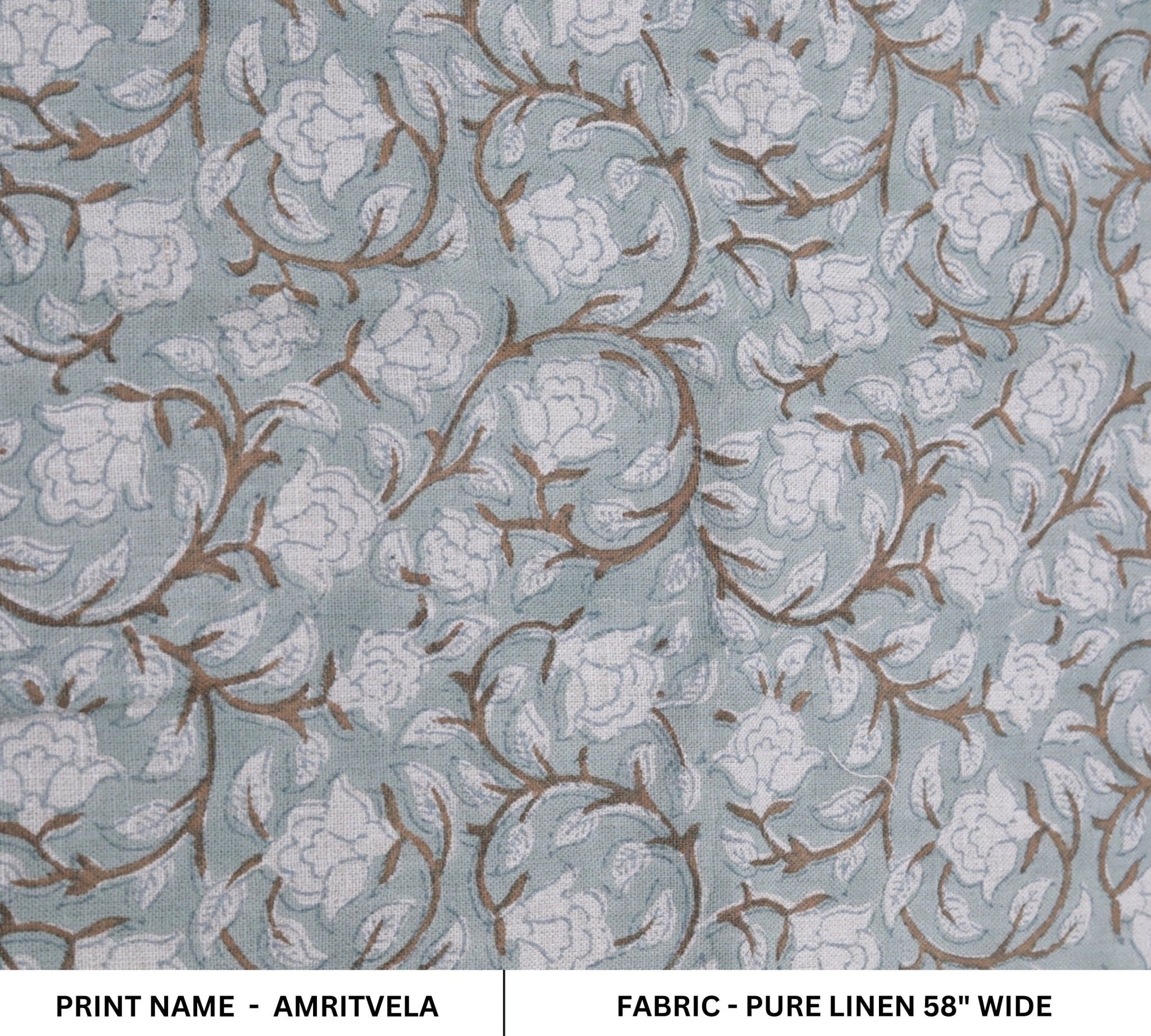 Linen fabric, cushion cover, curtains, floral block print, handmade art, pure linen 58" wide, lampshade - AMRITVELA