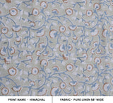 Hand-stamped Block Printed Floral in Sky Blue and Gray Pure Linen Fabric for Interior Decor - HIMACHAL