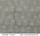Handcrafted Block Printed Thick Linen Pure Boho Fabric in Gray and Brown Floral - TULSI BUTI