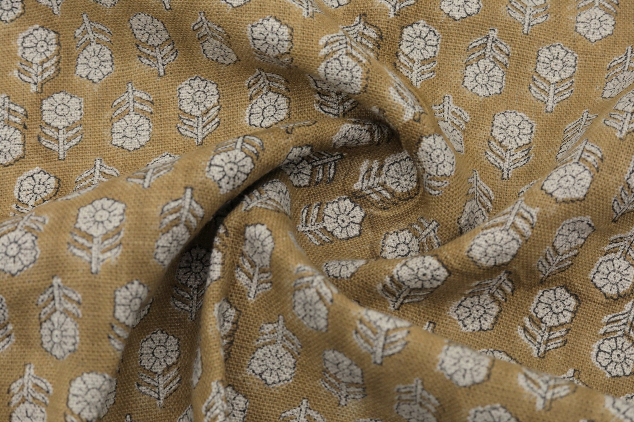 Block print thick linen fabric for drapery, curtains, cushion cover and table cloth, heavy and decorative linen fabric - TULSI BUTI