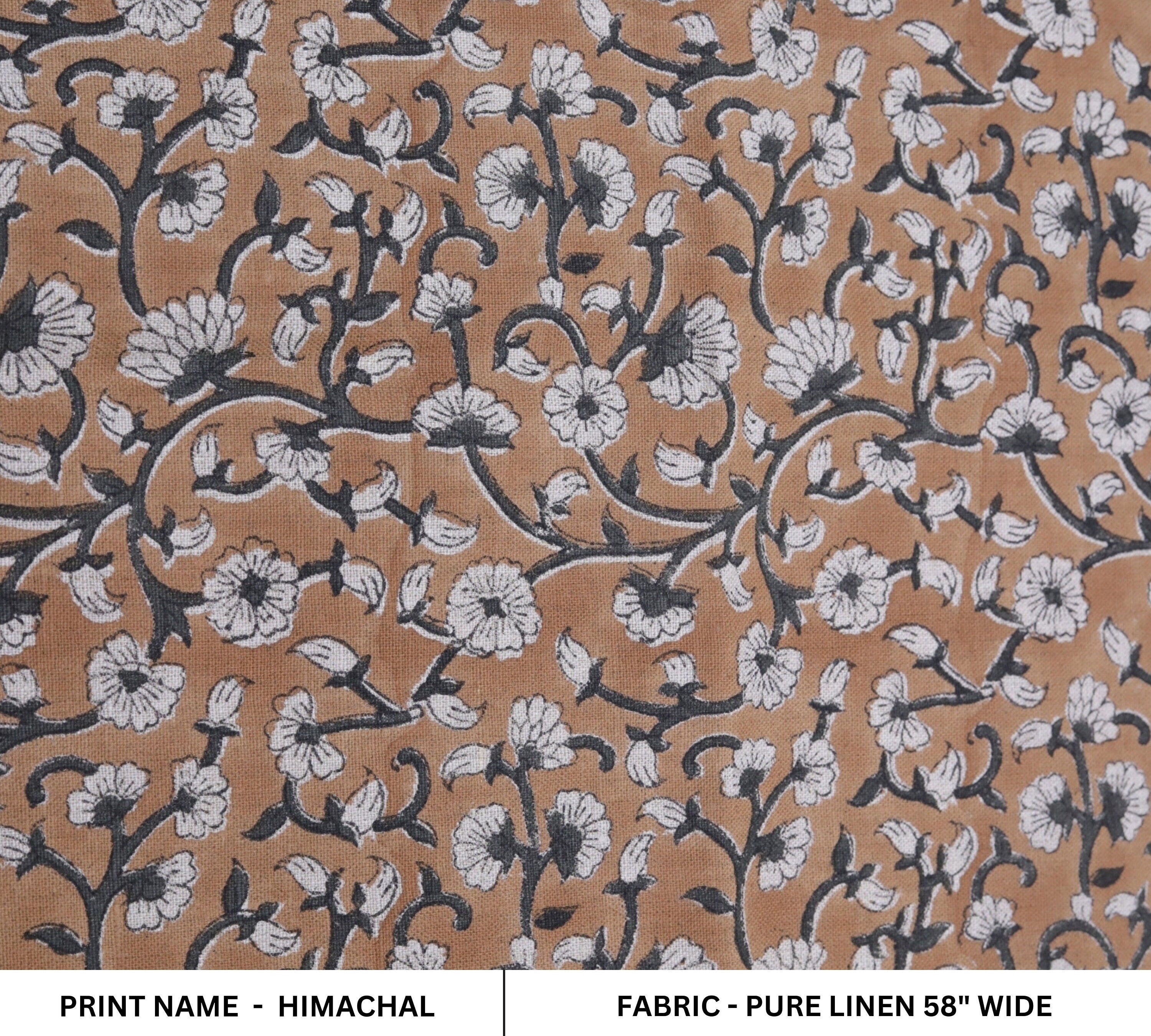 Linen floral hand block print fabric for room curtains, dining tablecloth and chair cover, couch cushions, pillow cover - HIMACHAL