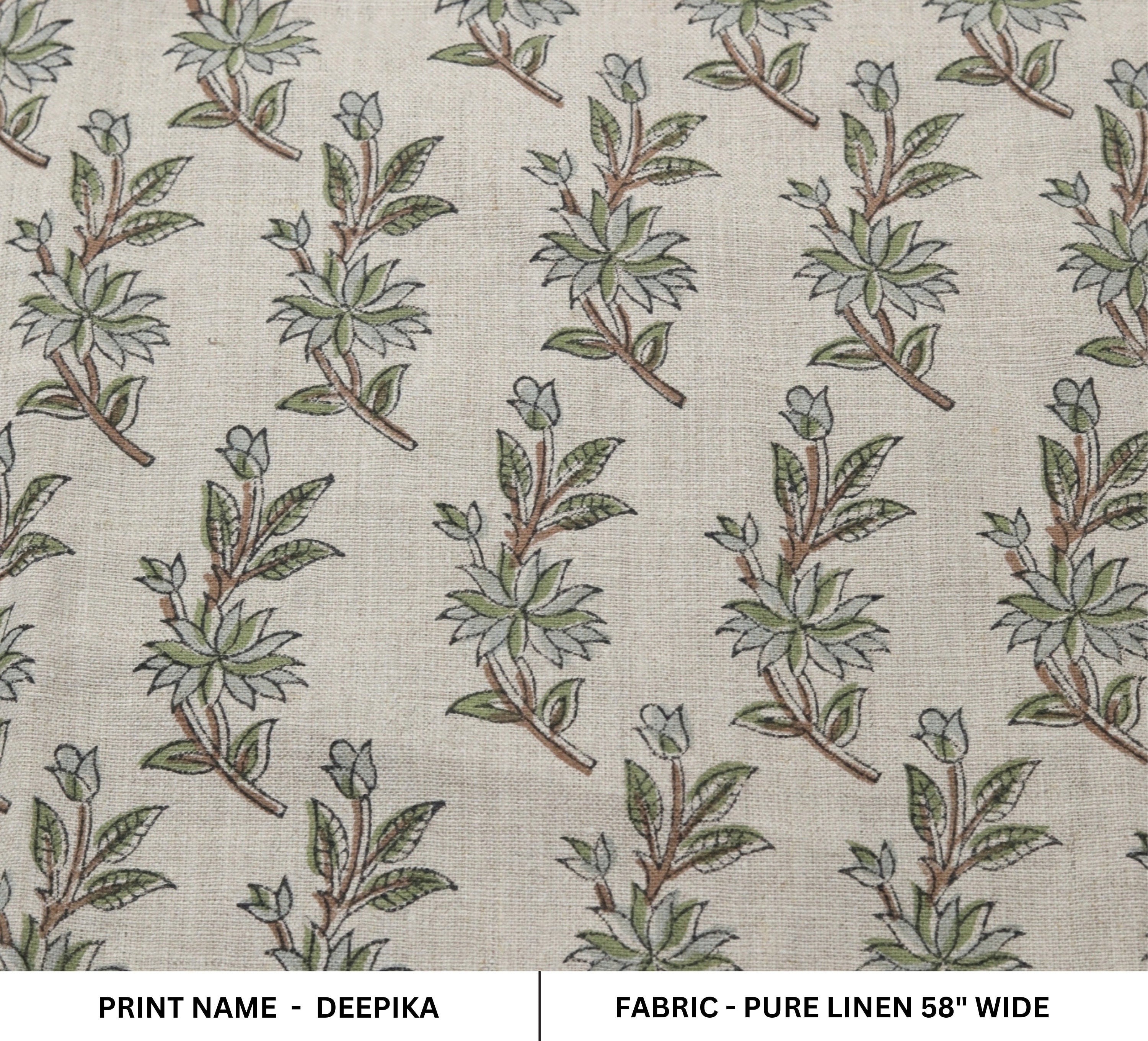 Linen block print fabric for window curtains and couch cover, pillow cover. lampshade, Indian handmade floral art - DEEPIKA