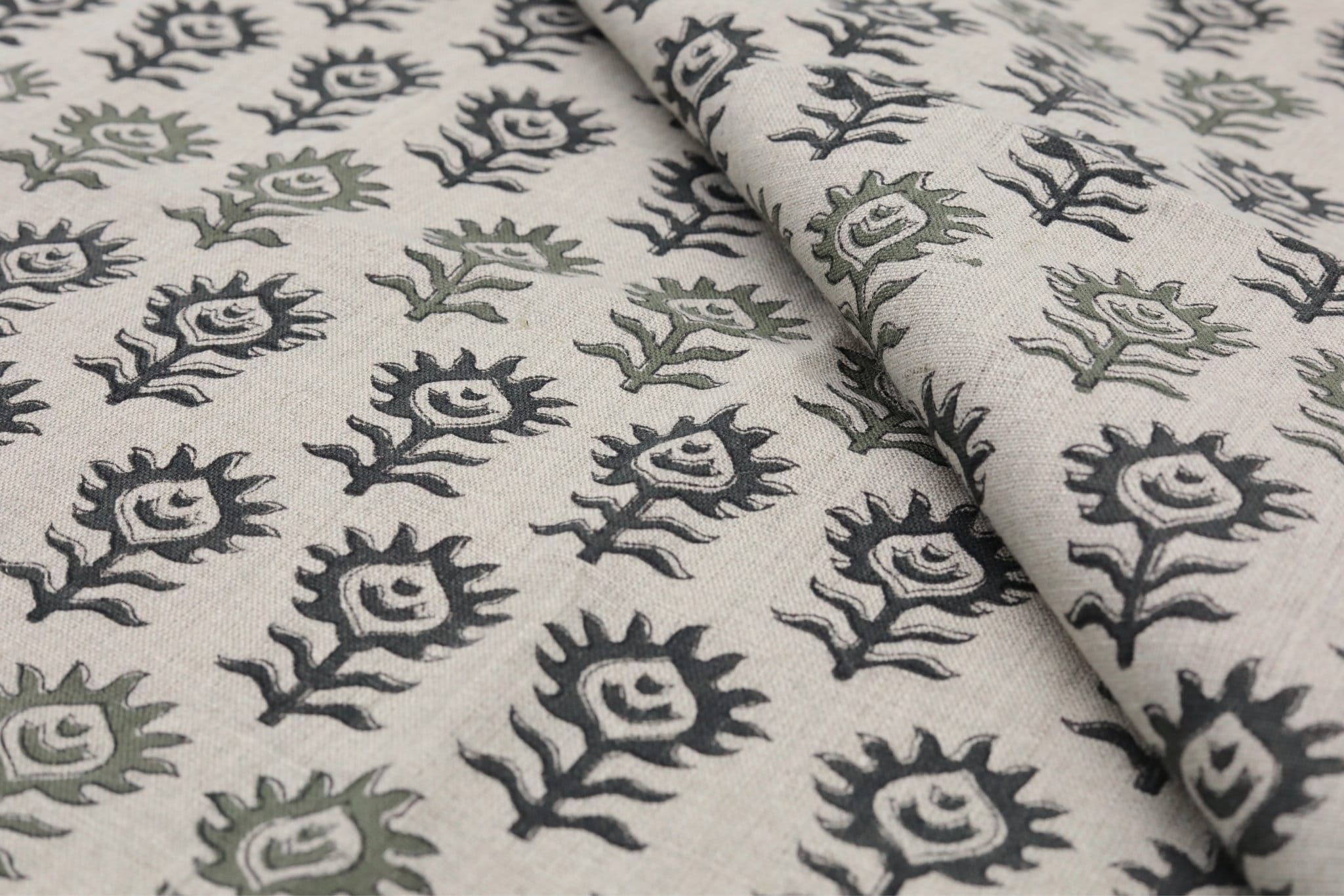 Block print floral pure linen fabric, cushion, pillow, couch and window valance, handmade, printed linen - SURAJMUKHI