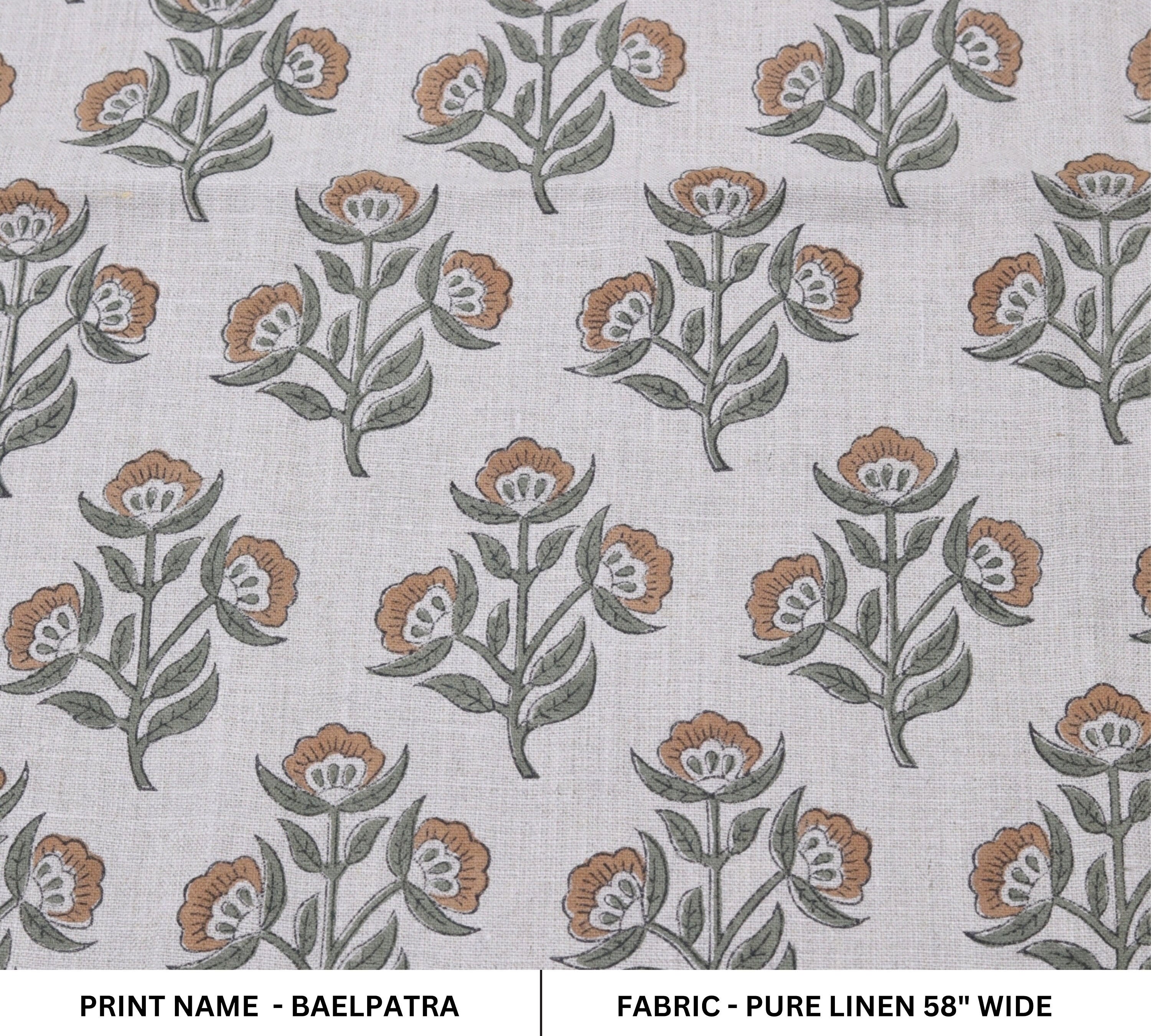 Floral curtain fabric pure linen hand block print pillowcase, napkins, upholstery linen for drapery - BAELPATRA