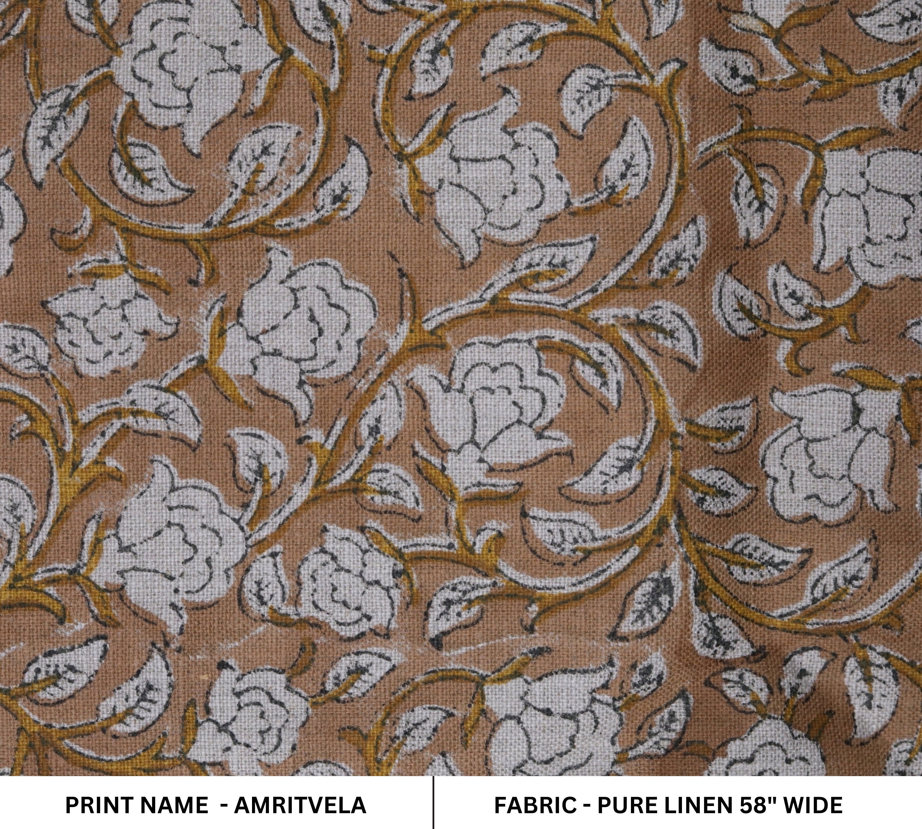Block print linen fabric for pillow cover, cushion cover, pure linen 58" wide, floral boho print - AMRITVELA