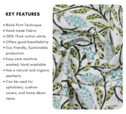 Floral block print green leaves thick cotton white fabric - MERAKI