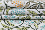 Floral block print green leaves thick cotton white fabric - MERAKI