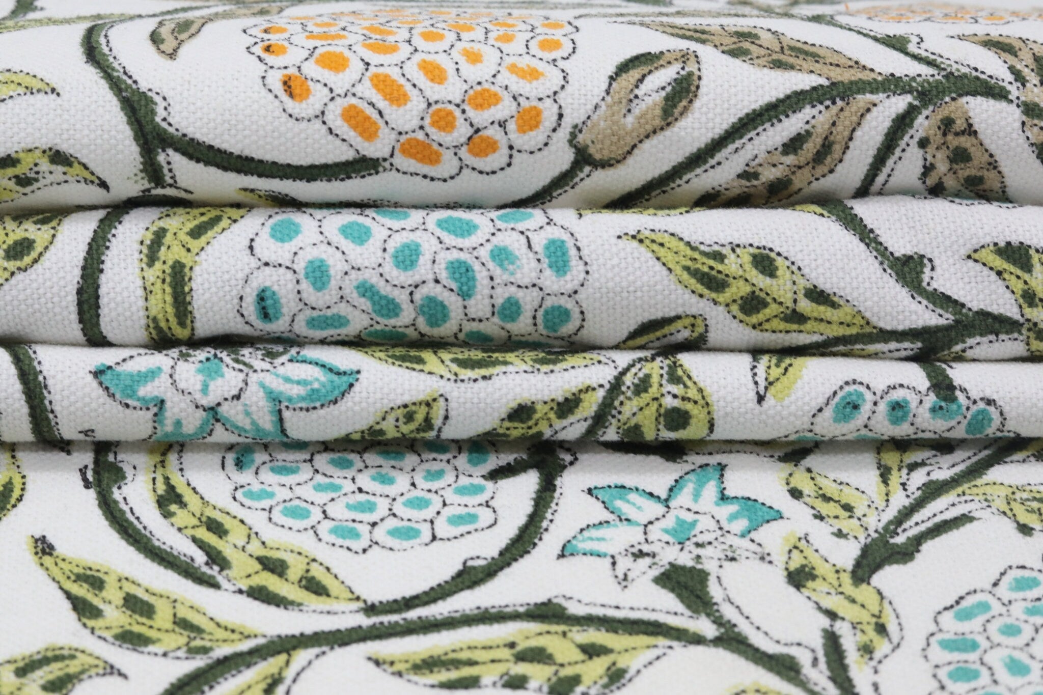 Floral block print green leaves thick cotton white fabric - MERAKI