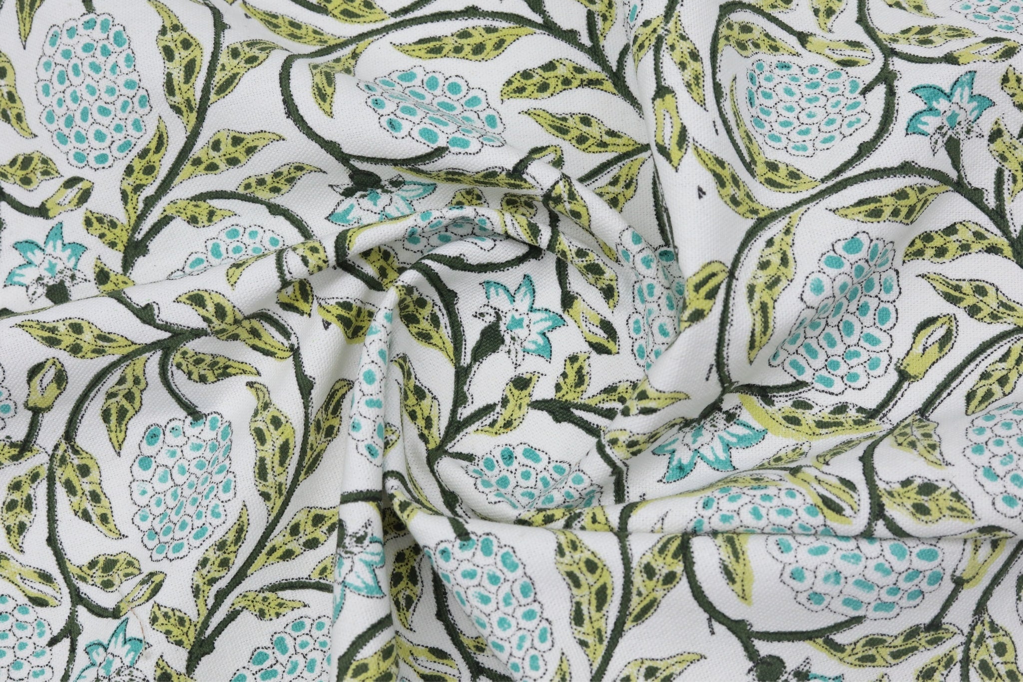 Floral block print green leaves thick cotton white fabric - MERAKI