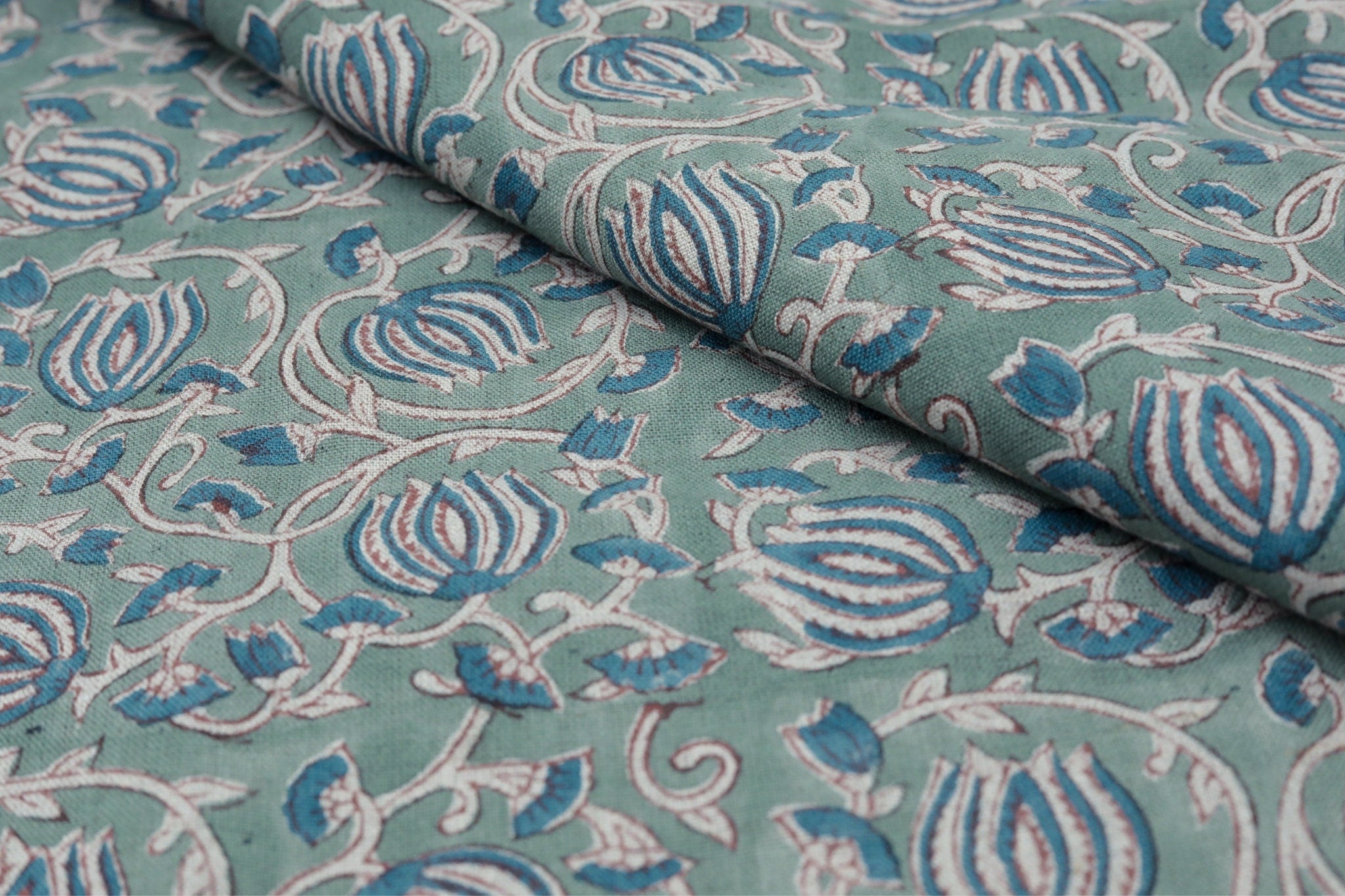 Blue lotus block print pure linen fabric - 6 KAMAL