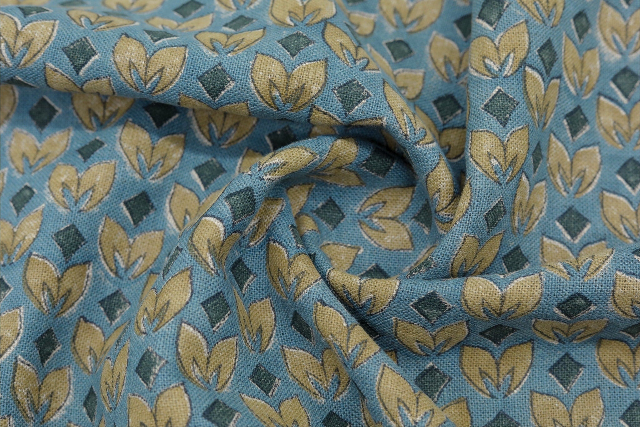 Block print yellow leaves thick linen pure fabric - TITLE