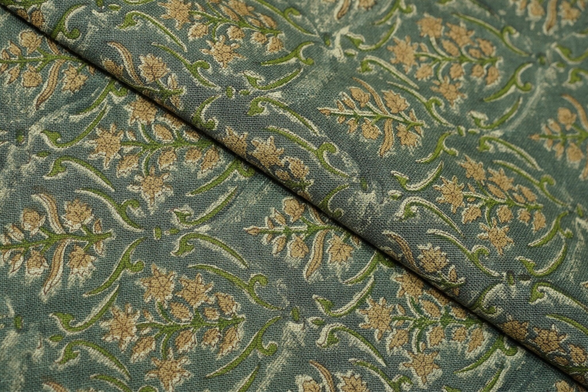 Green leaves block print thick linen fabric - VISHALPUSHP