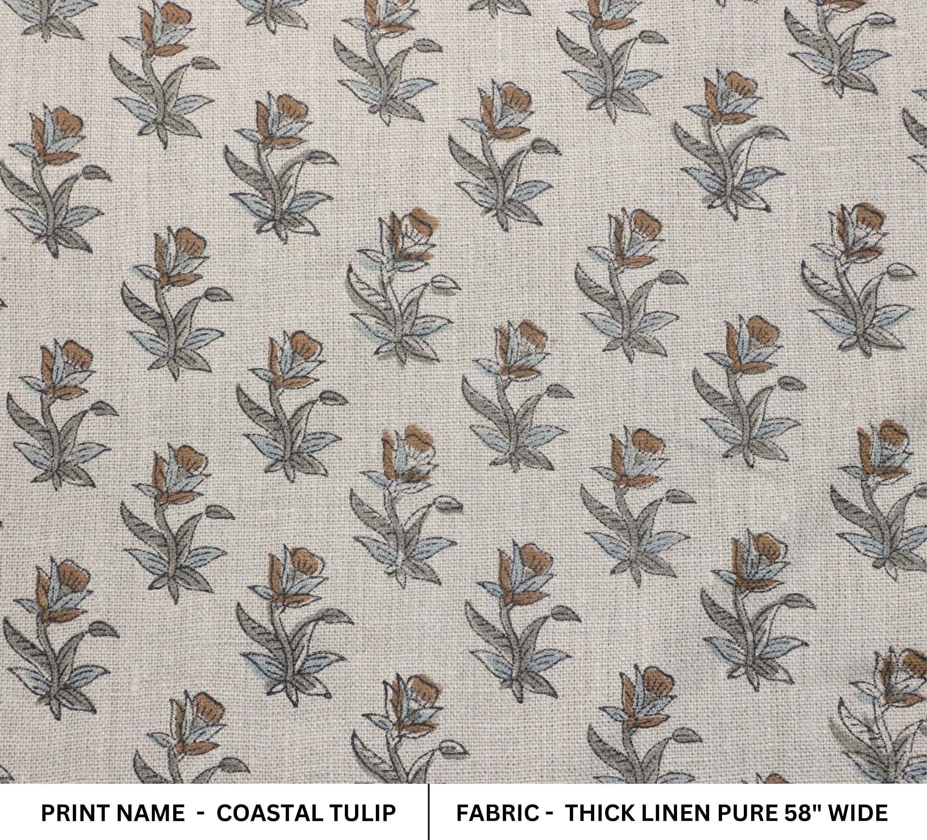 Coastal Tulip Thick Linen Pure Block Print  Block Print Fabric, Printed Linen Fabric, Block Print Upholstery Fabric, By The Yard, Linen Fabric,