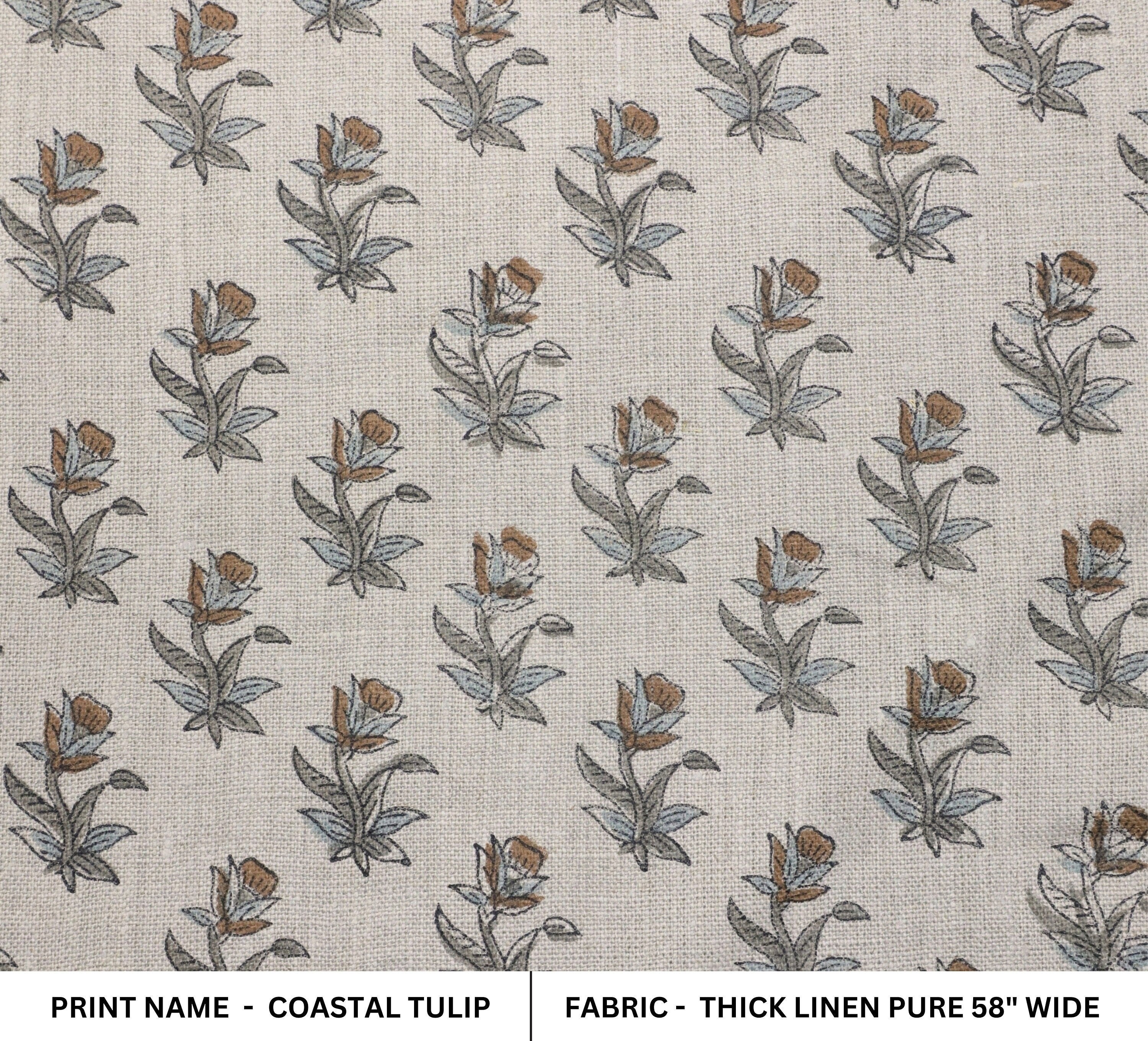Coastal Tulip Thick Linen Pure Block Print  Block Print Fabric, Printed Linen Fabric, Block Print Upholstery Fabric, By The Yard, Linen Fabric,