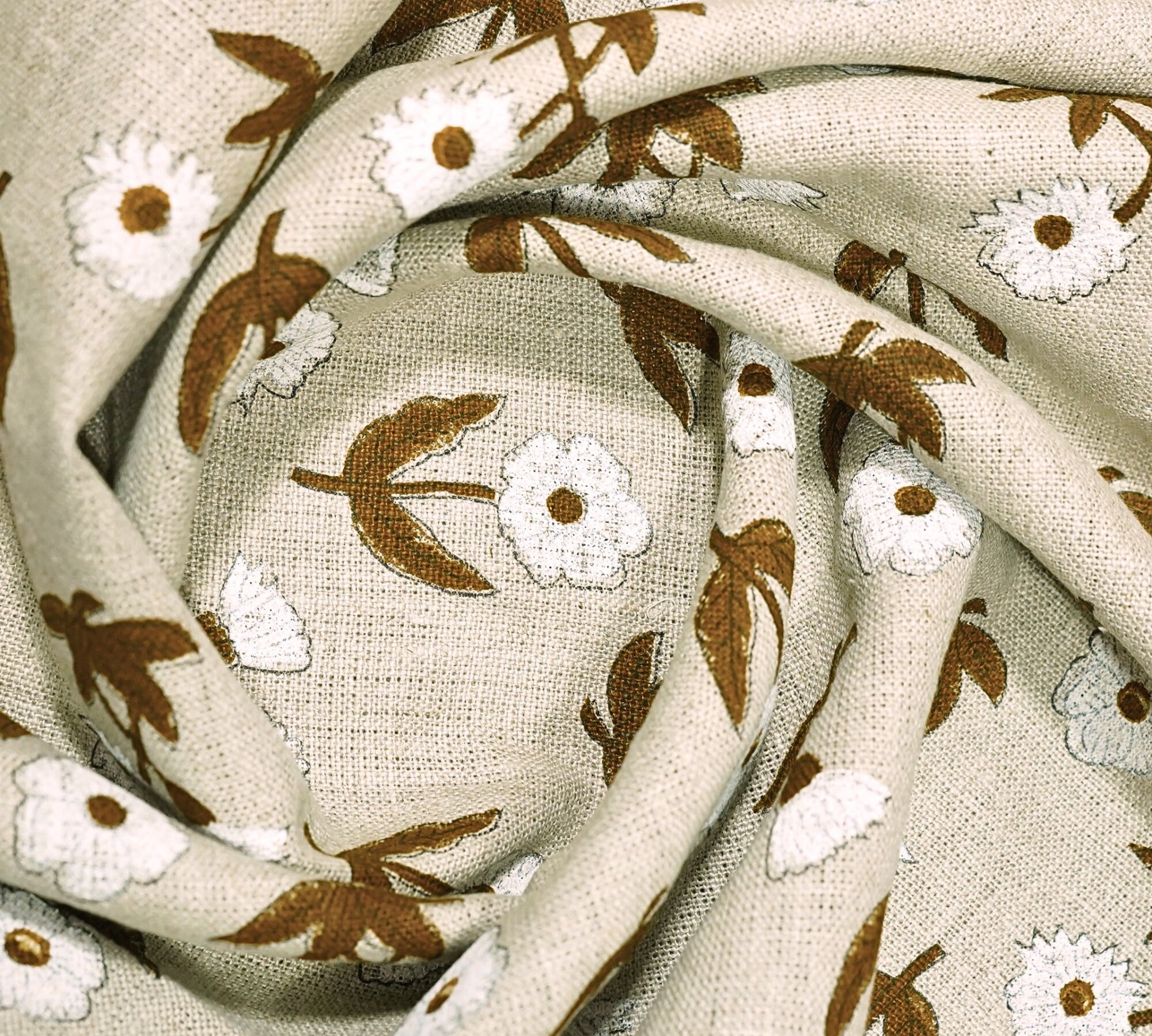 Handblock Printed Brown Floral Kriti Print Thick Linen Fabric