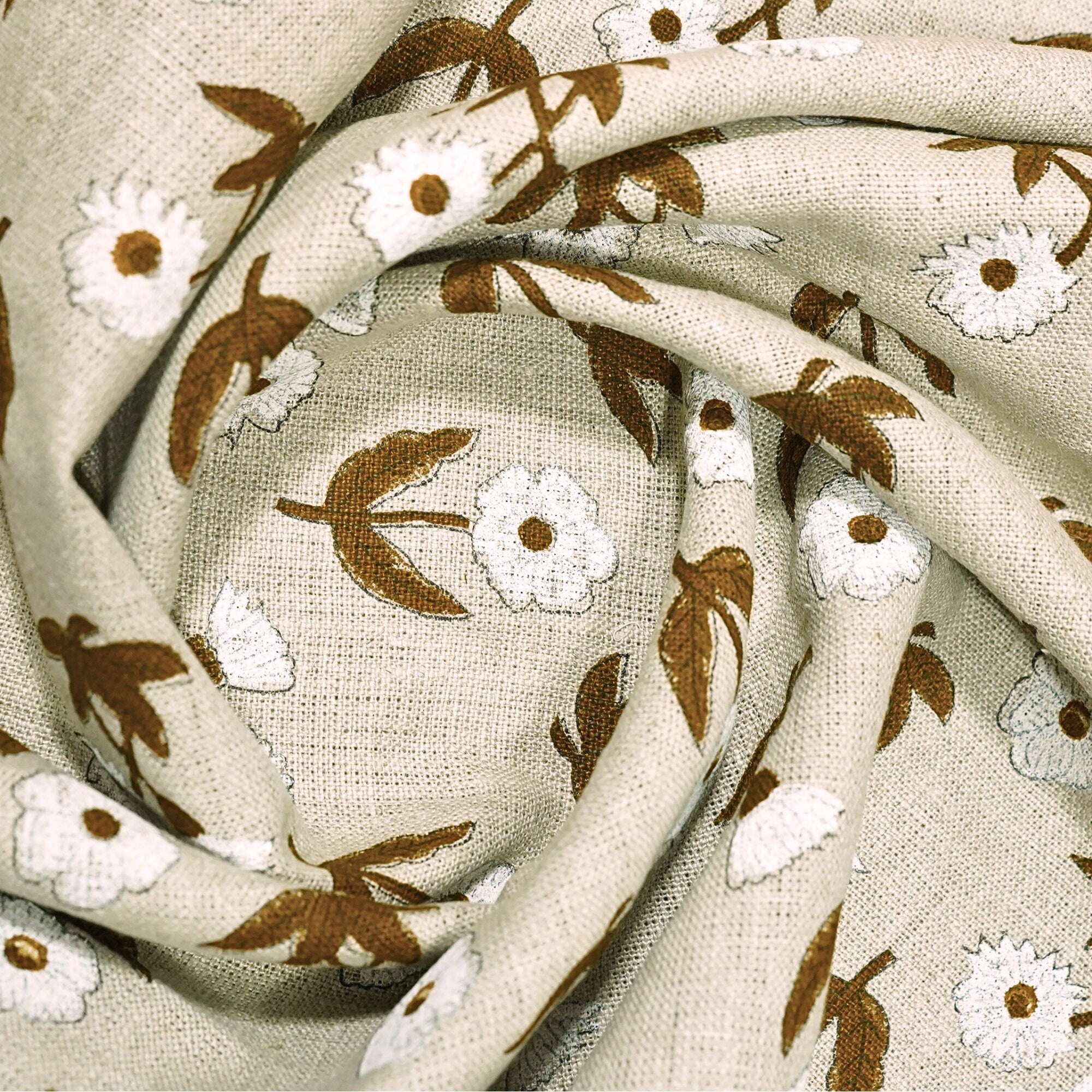 Handblock Printed Brown Floral Kriti Print Thick Linen Fabric