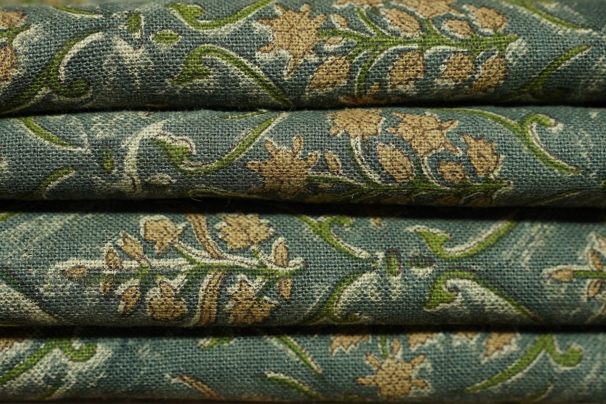 Green leaves block print thick linen fabric - VISHALPUSHP