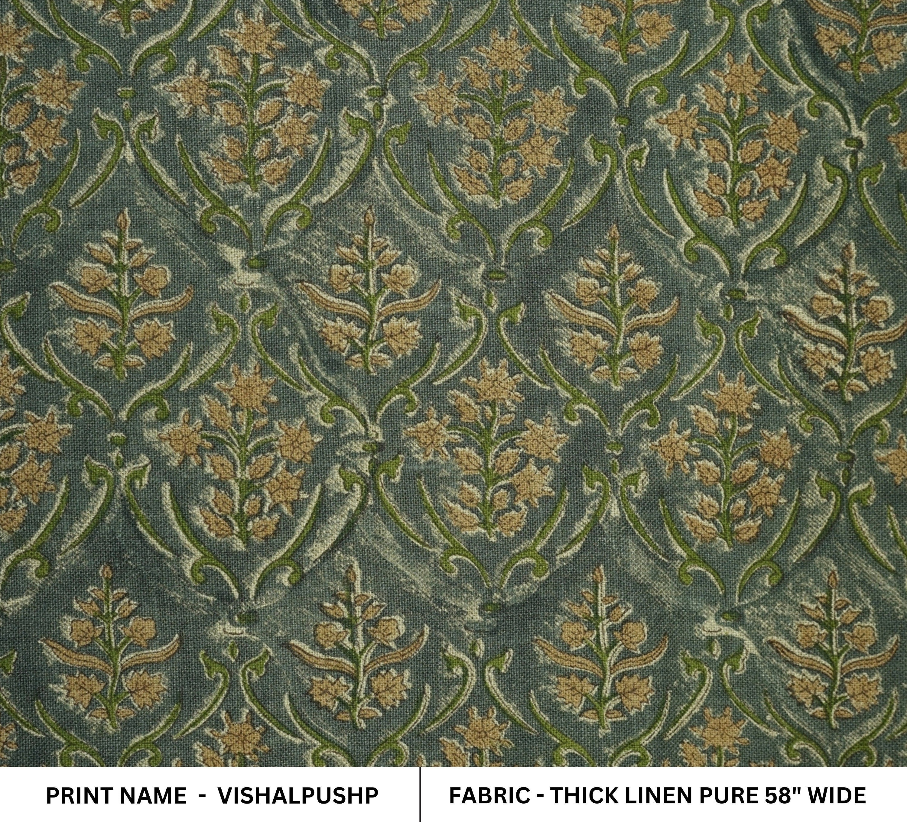 Green leaves block print thick linen fabric - VISHALPUSHP