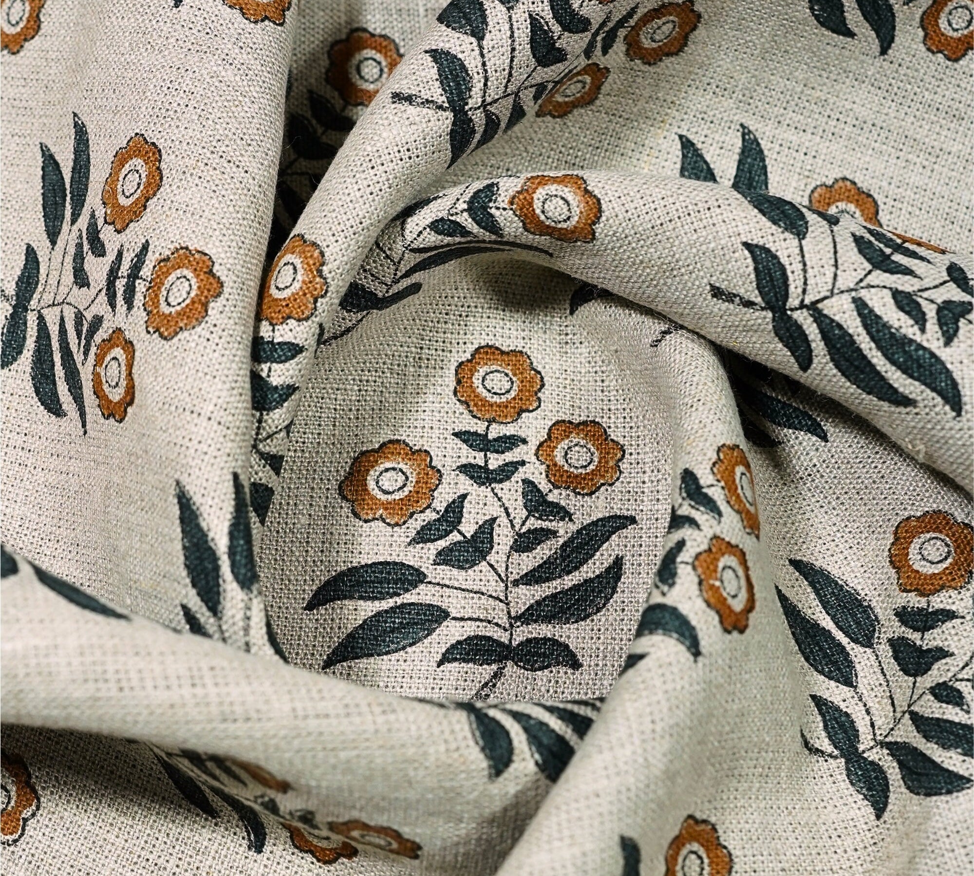 Handcrafted Brown & Black Floral Printed on Thick Linen Fabric - Neha Heritage 