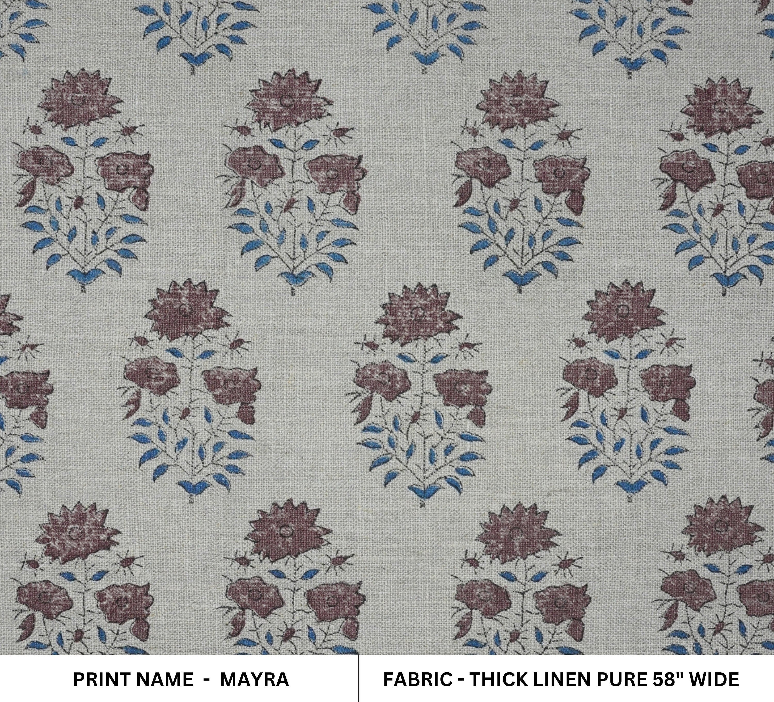 Block print drapery thick linen fabric, hand block print, floral handmade art, linen pillow and cushion fabric, upholstery - MAYRA