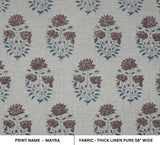 Handmade Block Printed Throw Blue and Brown Floral Thick Linen Pure Curtains Fabric - MAYRA