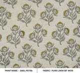 Pure Linen Hand Block Printed Green and Gray Floral Fabric for Tablecloths, Cushions & Home Decor - BAELPATRA