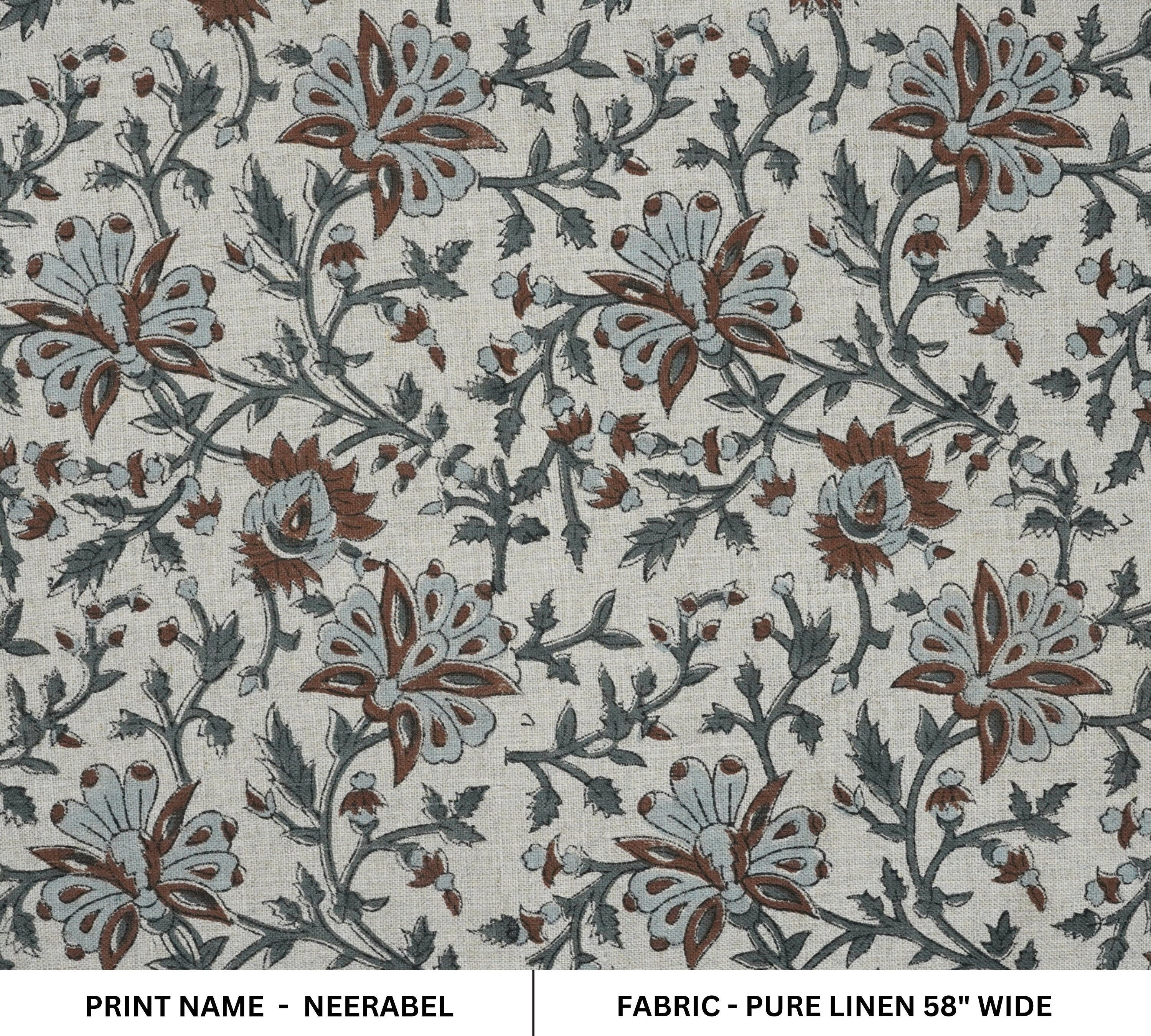 Hand block print, pure linen fabric, floral handmade art, fabric for upholstery, linen napkins, coasters, and tablecloth - NEERABEL