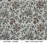 Indian Artisan Handmade Neerabel Green & Brown Floral Block Printed Pure Linen Boho Throw Curtain Fabric