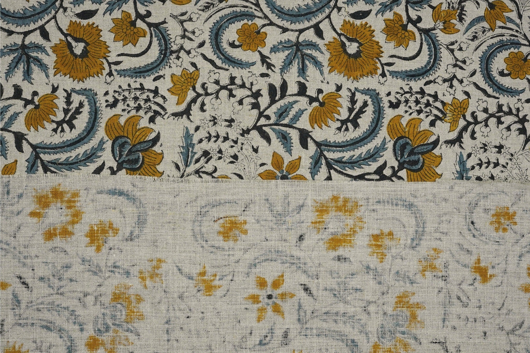 Pure linen floral hand block print, linen window valance, printed cushion and pillow cover, linen bohemian floral decor - KUNDANVAN