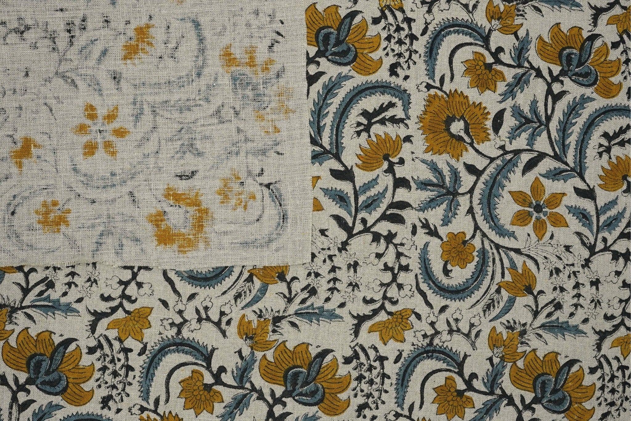 Pure linen floral hand block print, linen window valance, printed cushion and pillow cover, linen bohemian floral decor - KUNDANVAN
