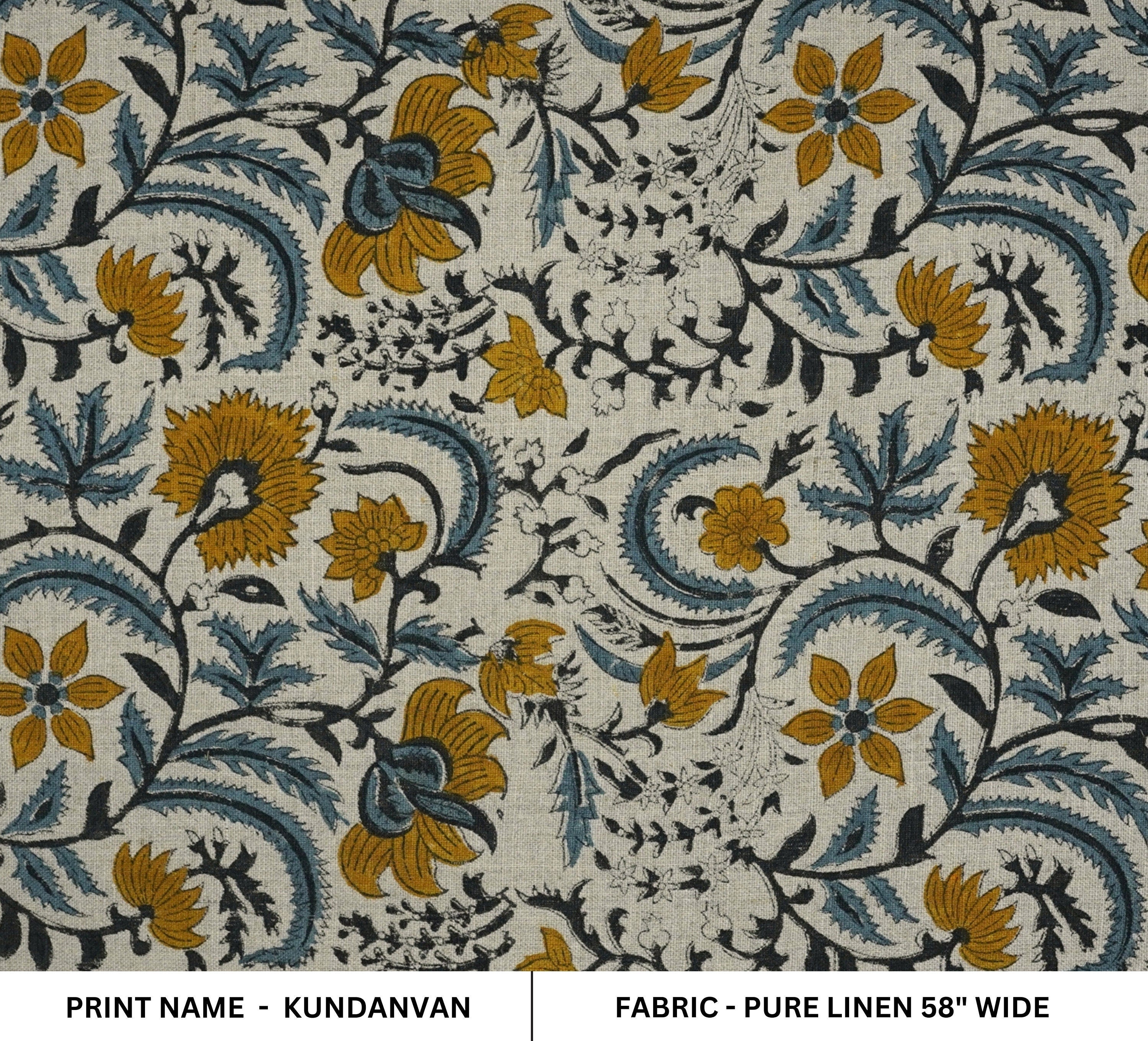 Pure linen floral hand block print, linen window valance, printed cushion and pillow cover, linen bohemian floral decor - KUNDANVAN